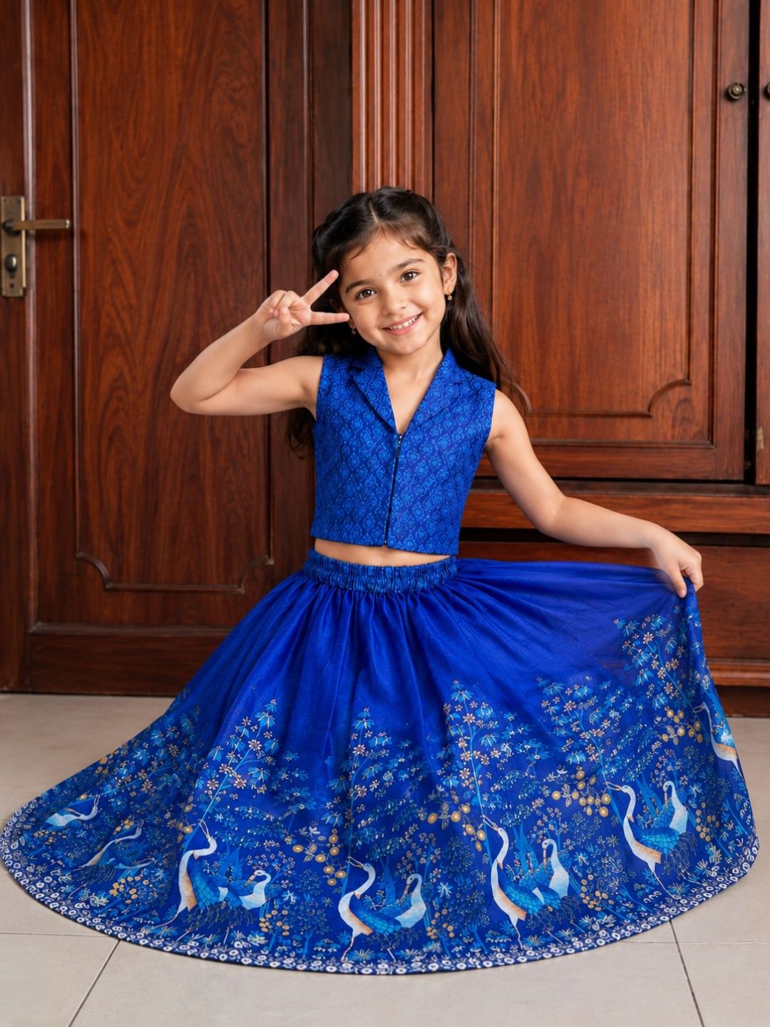 Bitiya by Bhama Girls Navy Blue Digital Printed Ready to wear Lehenga with Choli