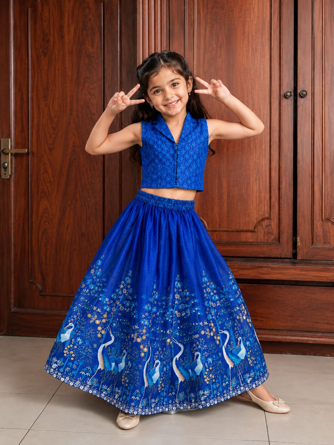 Bitiya by Bhama Girls Navy Blue Digital Printed Ready to wear Lehenga with Choli