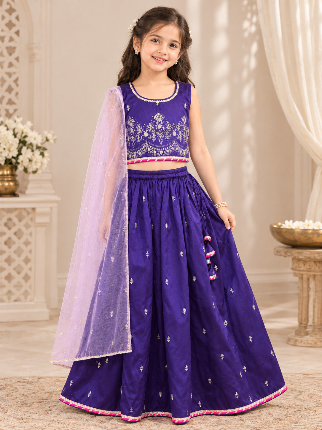 Bitiya By Bhama Girls Purple & Golden Embroidered  Work Choli, Lehenga With Dupatta