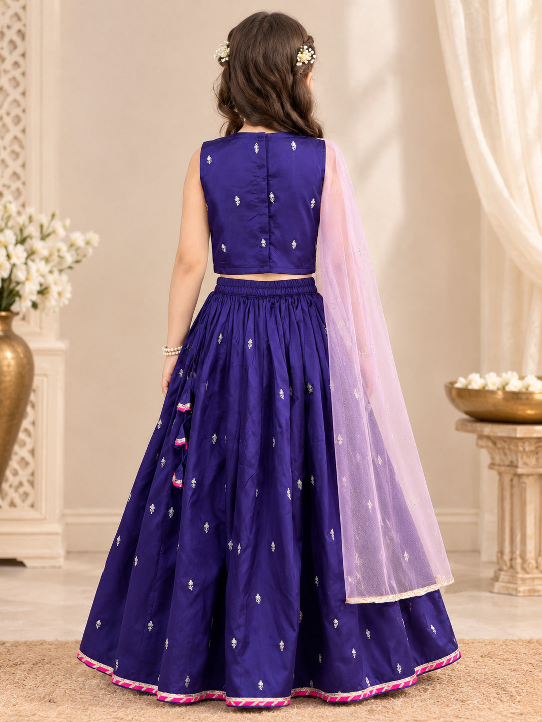 Bitiya By Bhama Girls Purple & Golden Embroidered  Work Choli, Lehenga With Dupatta
