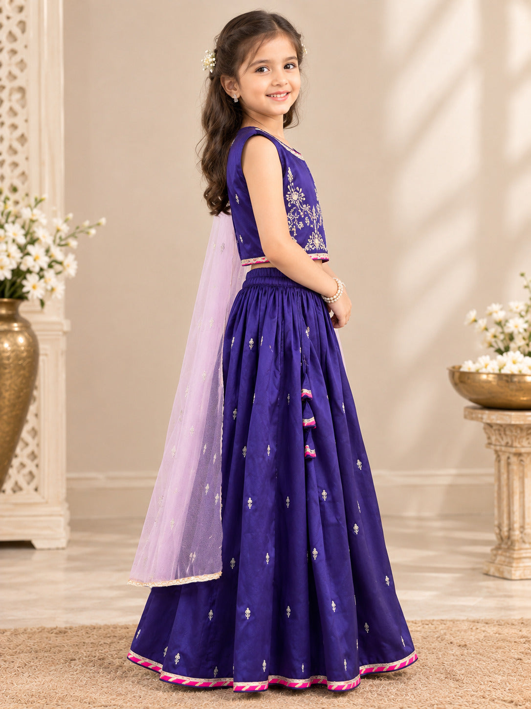 Bitiya By Bhama Girls Purple & Golden Embroidered  Work Choli, Lehenga With Dupatta