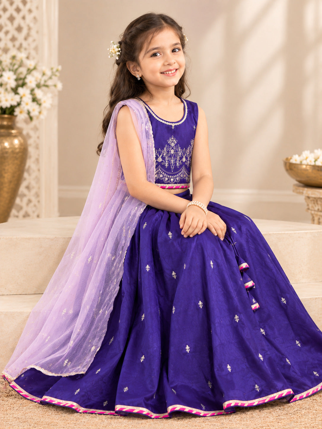 Bitiya By Bhama Girls Purple & Golden Embroidered  Work Choli, Lehenga With Dupatta