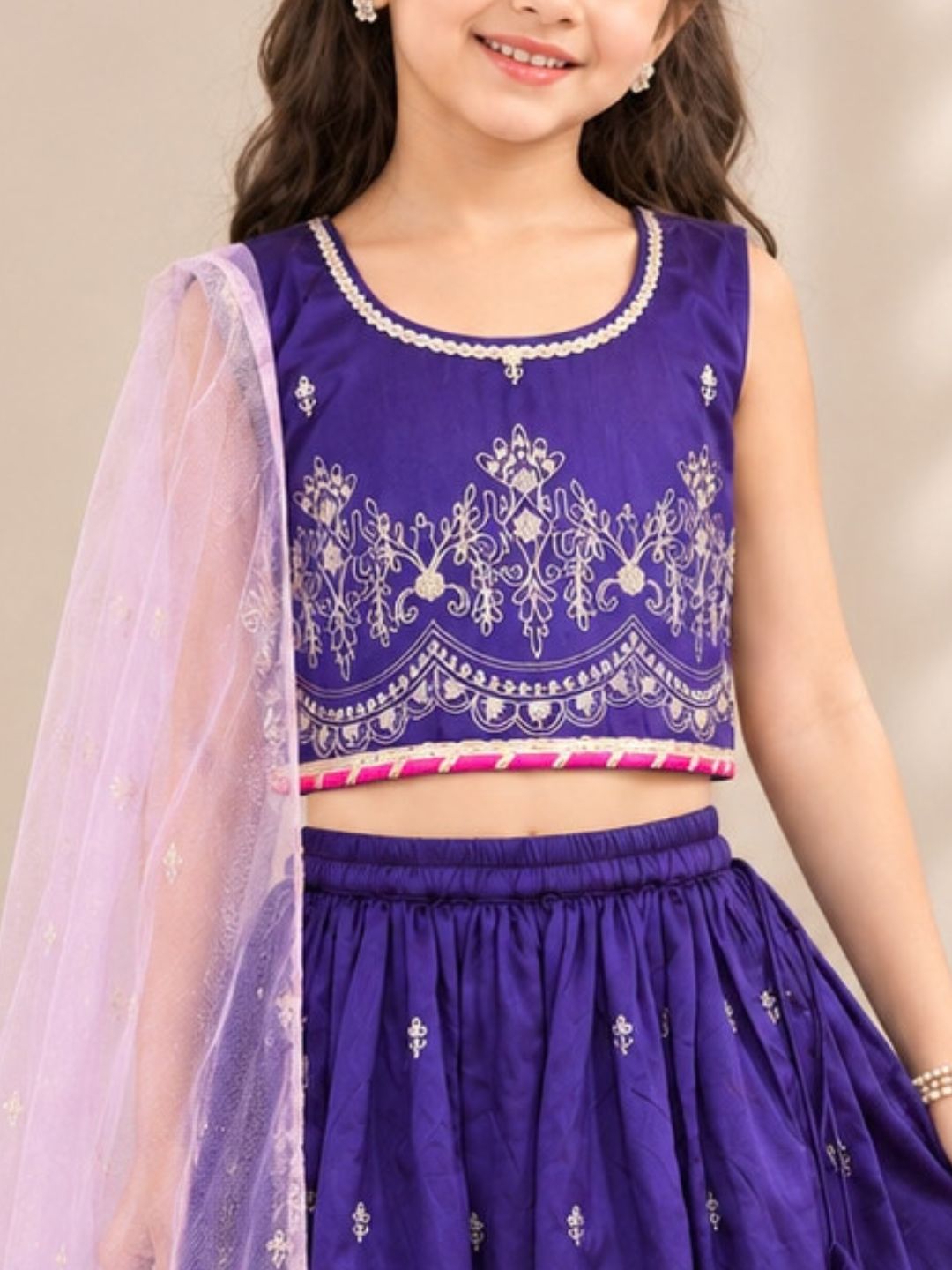 Bitiya By Bhama Girls Purple & Golden Embroidered  Work Choli, Lehenga With Dupatta