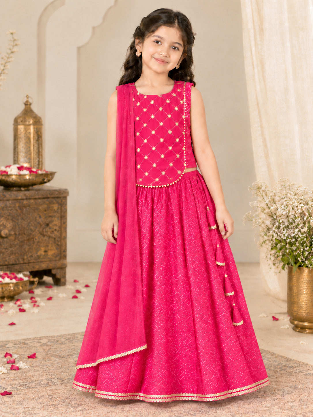 Bitiya By Bhama Girls Pink Pullka Dot Digital Print Mirror Embroidery Choli, Lehenga With Dupatta