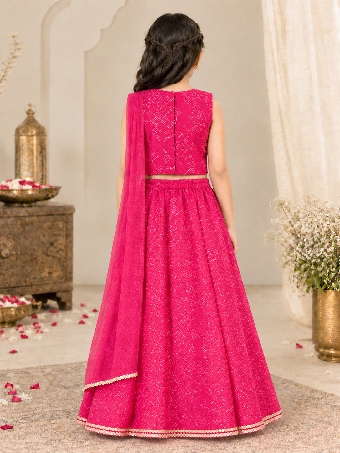 Bitiya By Bhama Girls Pink Pullka Dot Digital Print Mirror Embroidery Choli, Lehenga With Dupatta