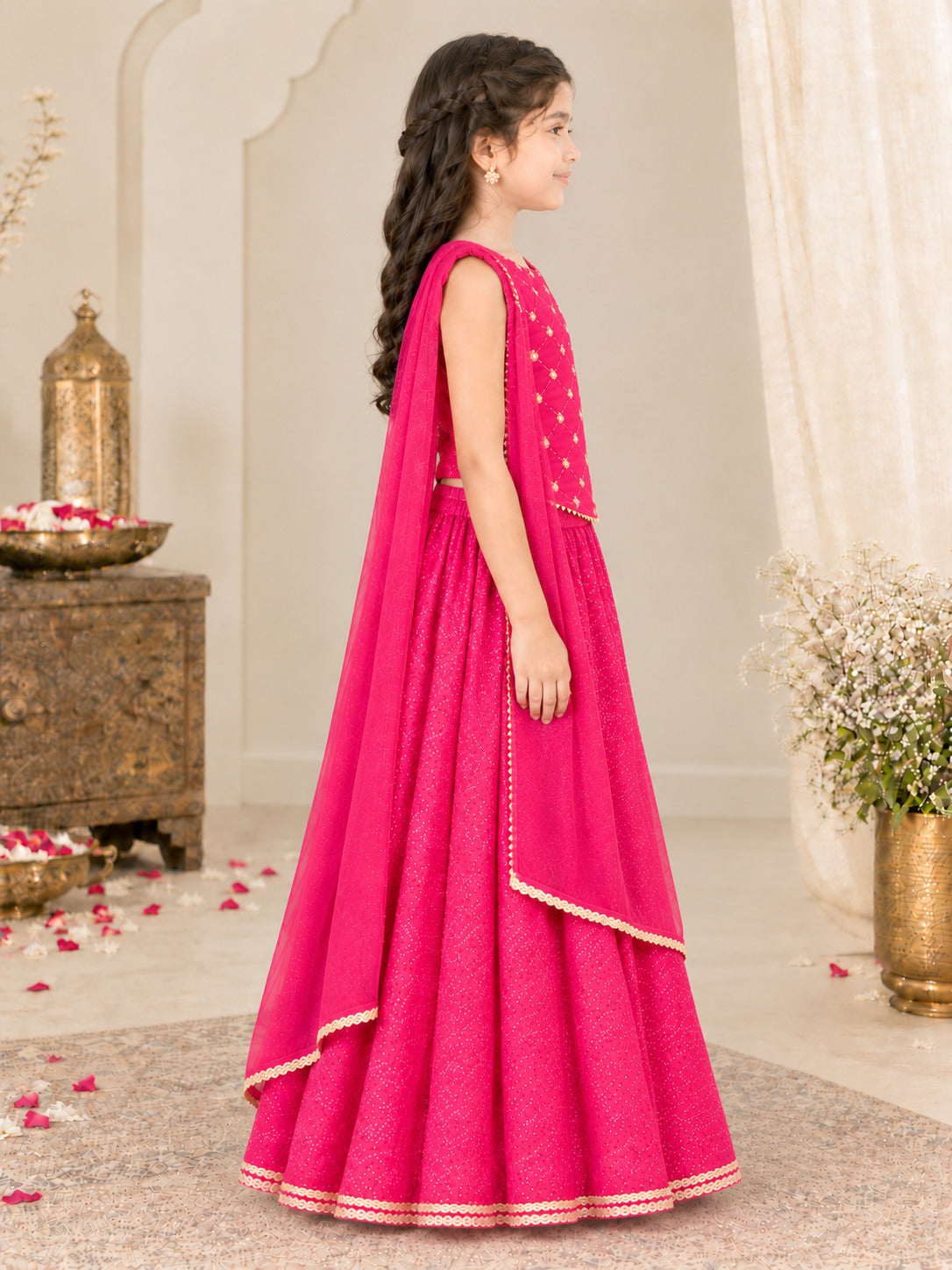 Bitiya By Bhama Girls Pink Pullka Dot Digital Print Mirror Embroidery Choli, Lehenga With Dupatta