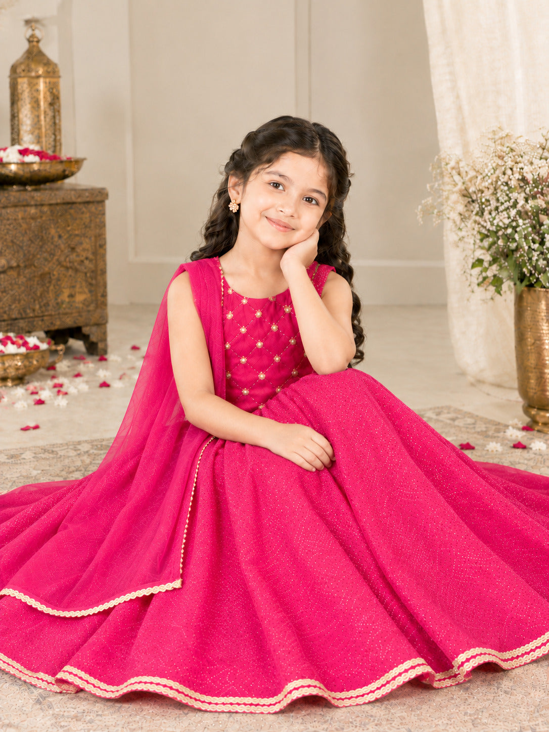 Bitiya By Bhama Girls Pink Pullka Dot Digital Print Mirror Embroidery Choli, Lehenga With Dupatta