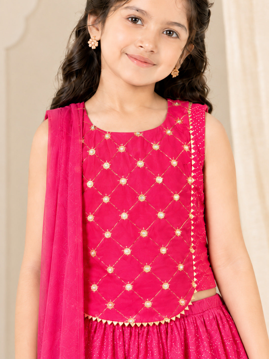 Bitiya By Bhama Girls Pink Pullka Dot Digital Print Mirror Embroidery Choli, Lehenga With Dupatta