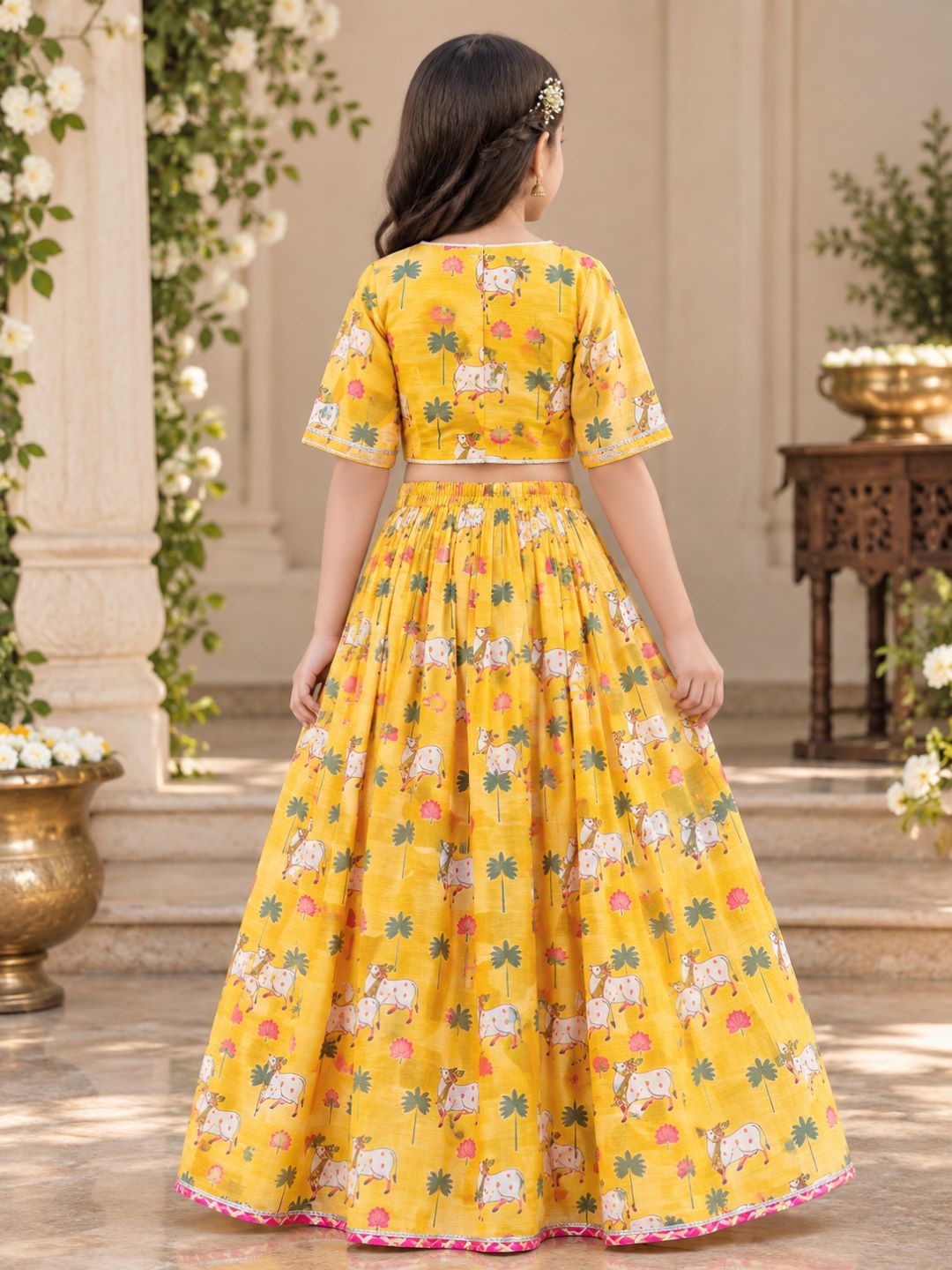 Bitiya By Bhama Girls Yellow Animal Digital Print Ready To Wear Lehenga ,Choli With Dupatta