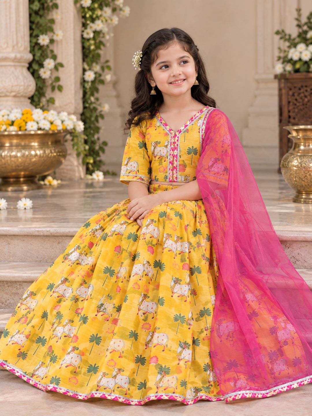 Bitiya By Bhama Girls Yellow Animal Digital Print Ready To Wear Lehenga ,Choli With Dupatta