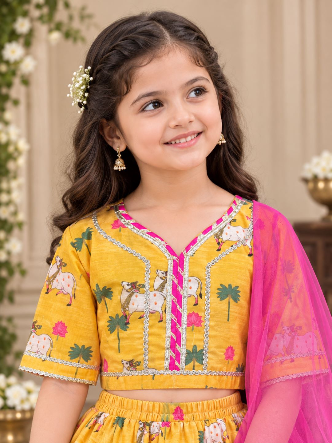 Bitiya By Bhama Girls Yellow Animal Digital Print Ready To Wear Lehenga ,Choli With Dupatta