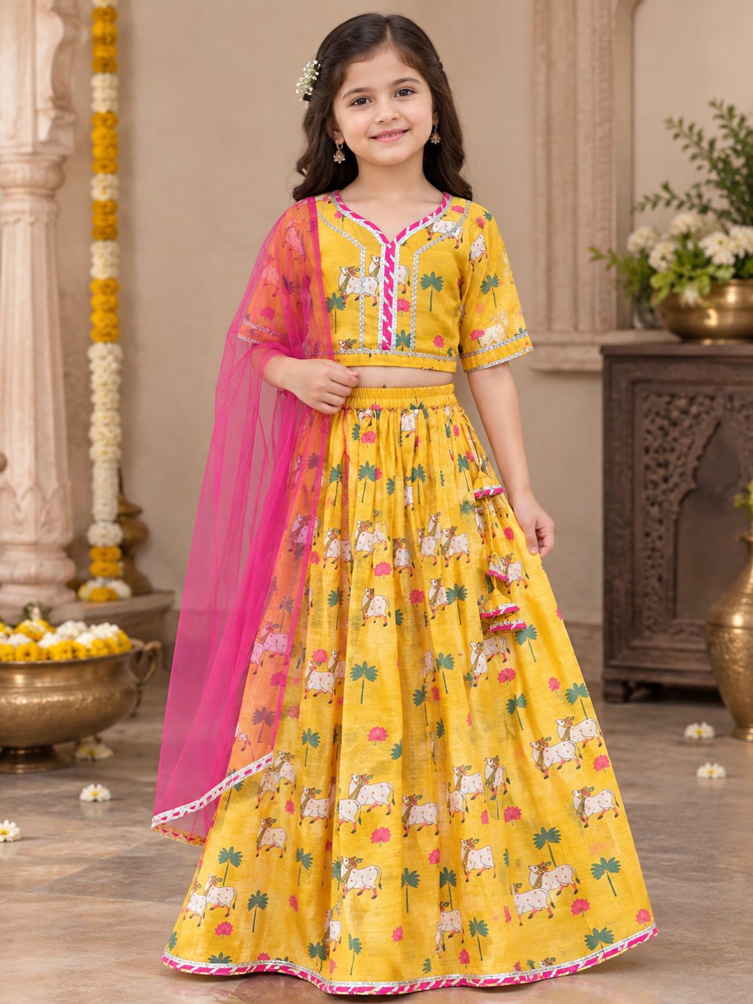Bitiya By Bhama Girls Yellow Animal Digital Print Ready To Wear Lehenga ,Choli With Dupatta