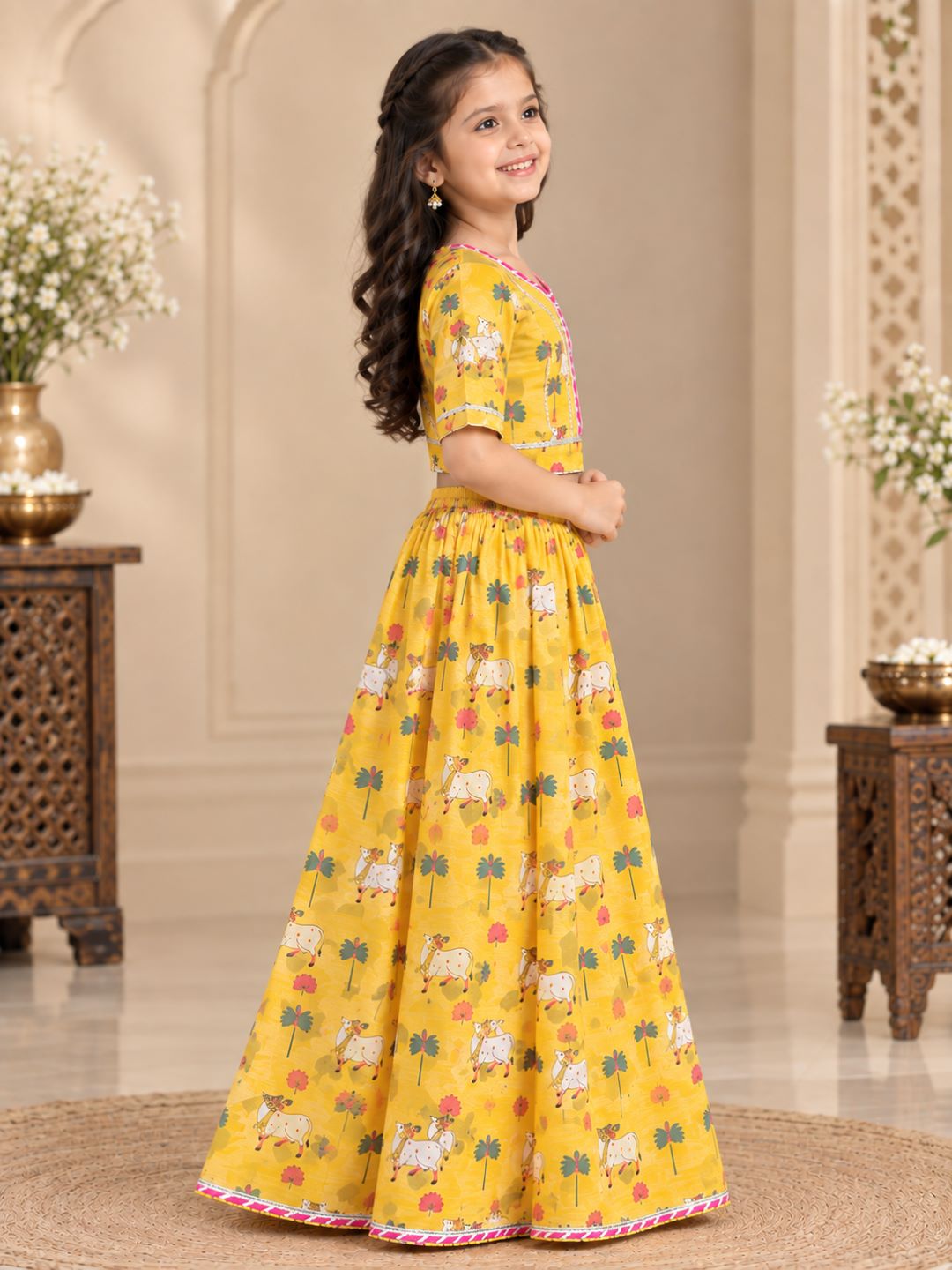 Bitiya By Bhama Girls Yellow Animal Digital Print Ready To Wear Lehenga ,Choli With Dupatta