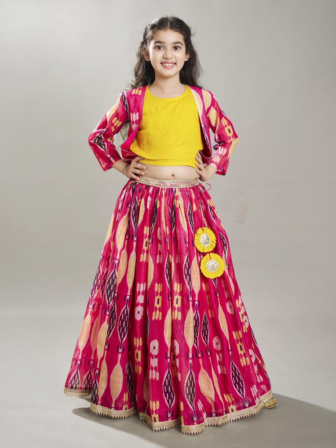 Bitiya by Bhama Girls Pink & Yellow Ikat Digital Print Ready to Wear Lehenga & Blouse with Jacket