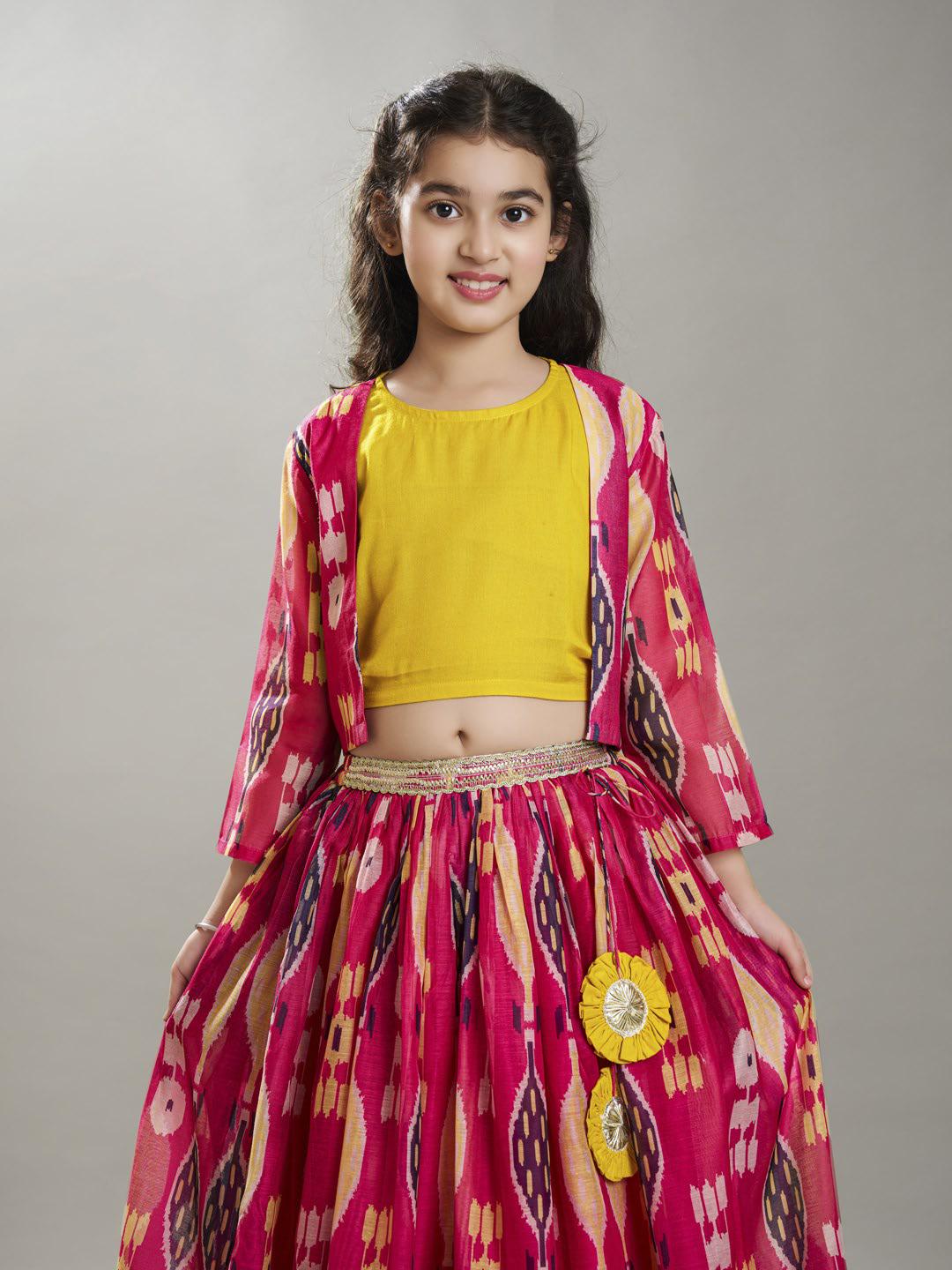 Bitiya by Bhama Girls Pink & Yellow Ikat Digital Print Ready to Wear Lehenga & Blouse with Jacket
