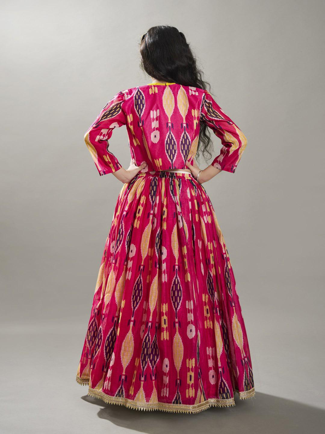 Bitiya by Bhama Girls Pink & Yellow Ikat Digital Print Ready to Wear Lehenga & Blouse with Jacket