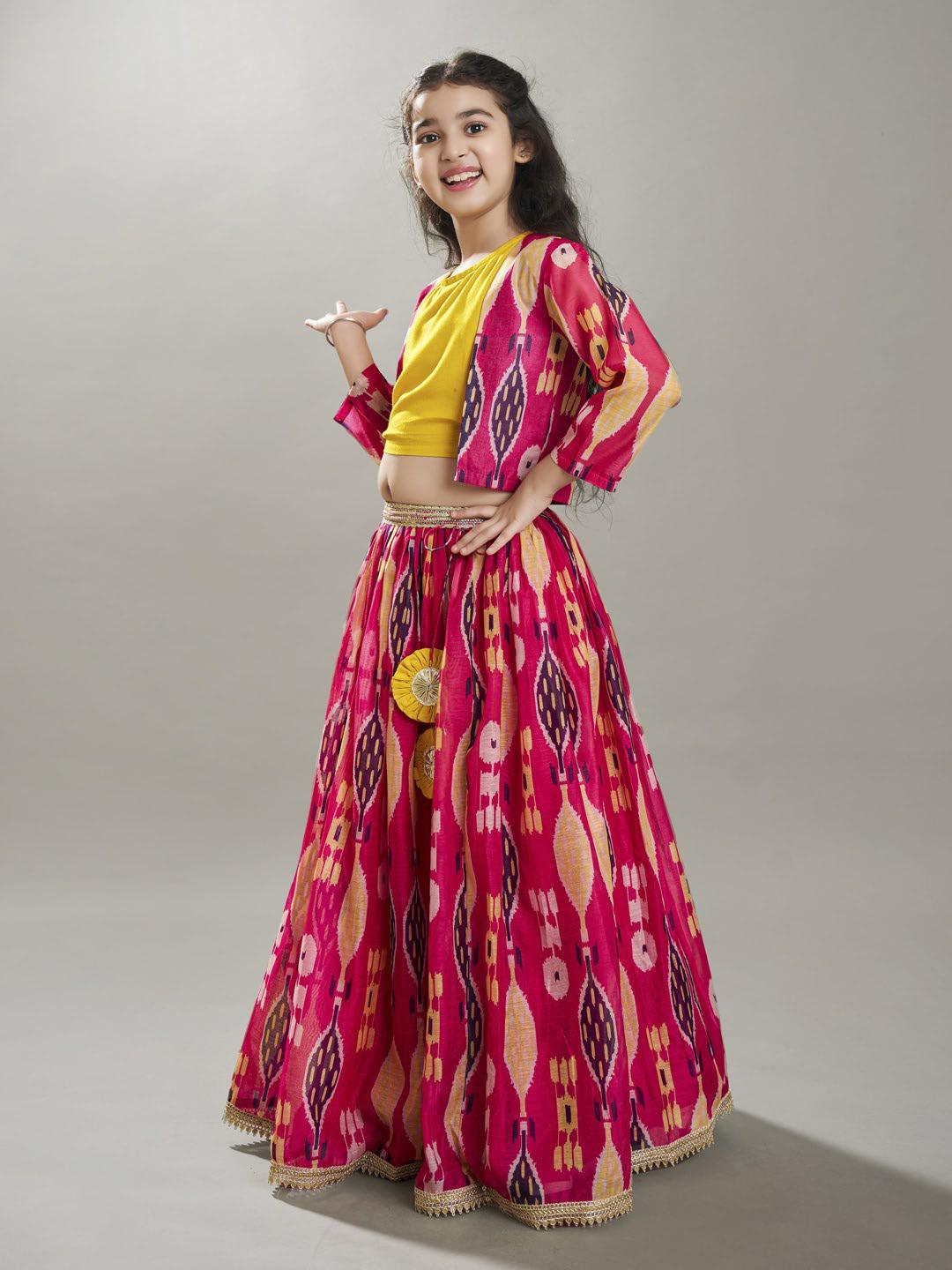 Bitiya by Bhama Girls Pink & Yellow Ikat Digital Print Ready to Wear Lehenga & Blouse with Jacket