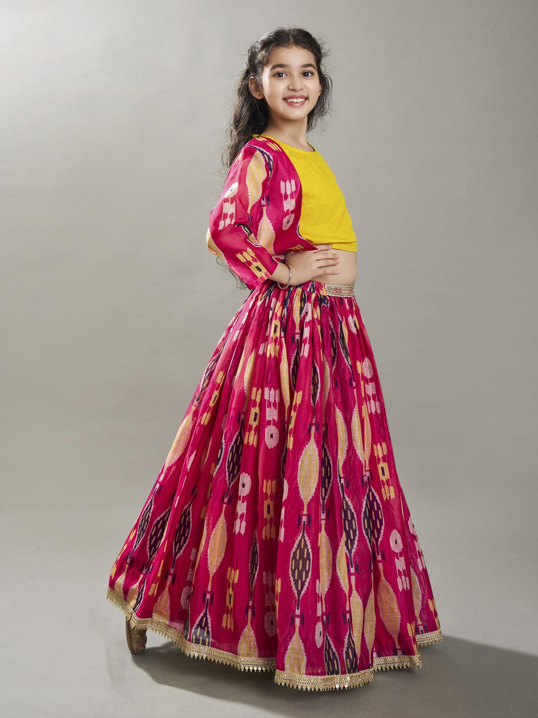 Bitiya by Bhama Girls Pink & Yellow Ikat Digital Print Ready to Wear Lehenga & Blouse with Jacket