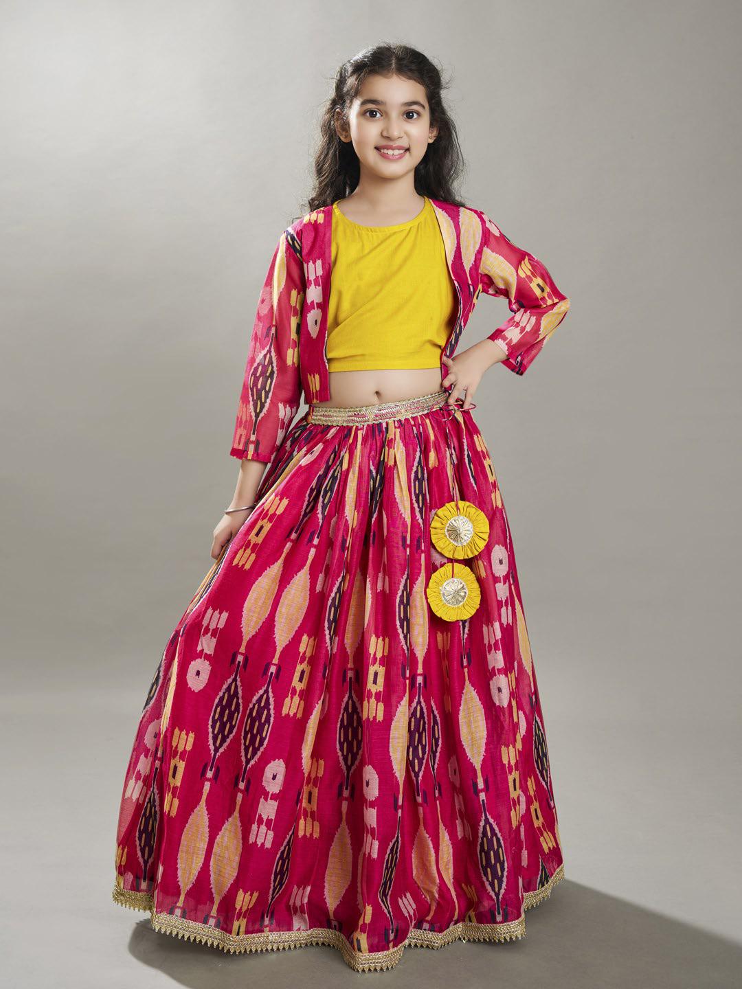 Bitiya by Bhama Girls Pink & Yellow Ikat Digital Print Ready to Wear Lehenga & Blouse with Jacket