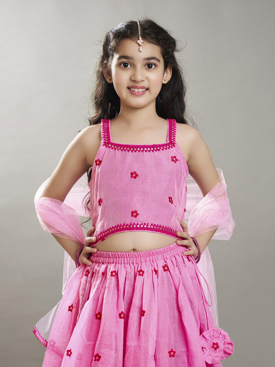 Bitiya by Bhama Girls Pink with Embroidered Ready to Wear Lehenga & Choli with Dupatta.