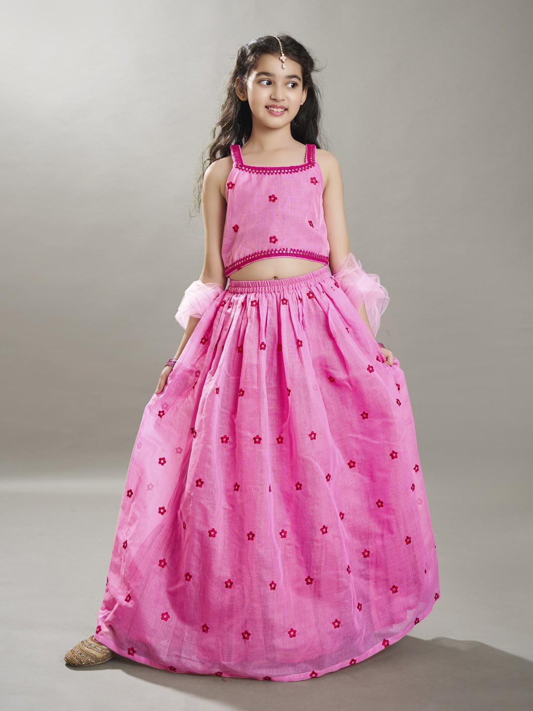 Bitiya by Bhama Girls Pink with Embroidered Ready to Wear Lehenga & Choli with Dupatta.