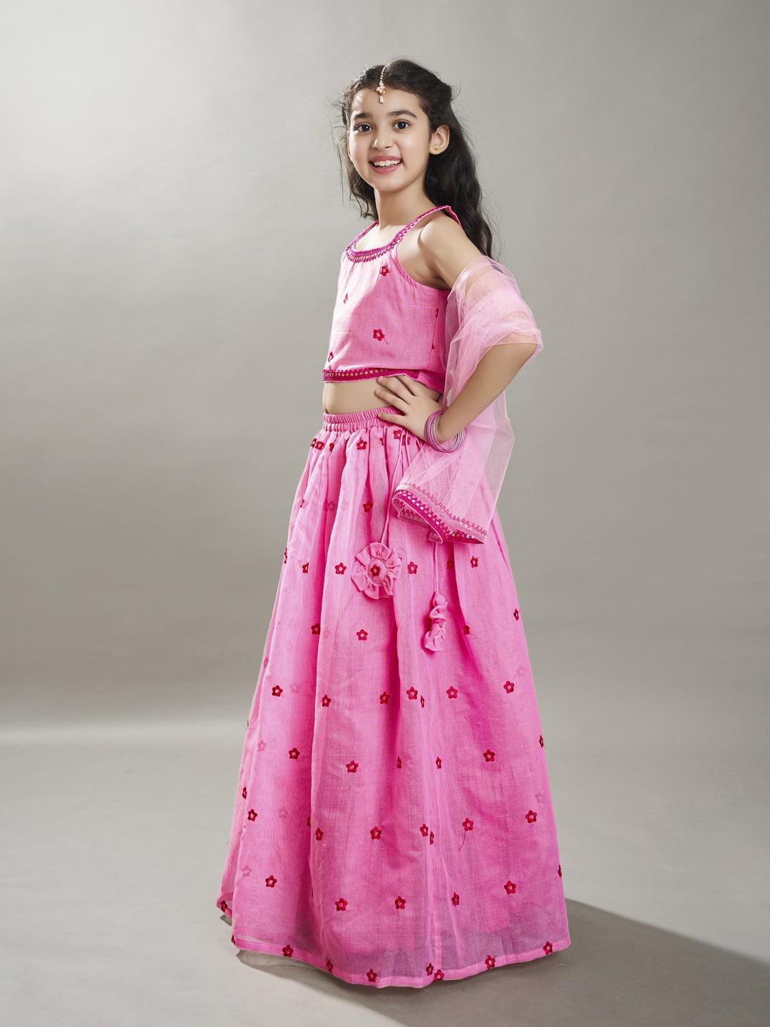 Bitiya by Bhama Girls Pink with Embroidered Ready to Wear Lehenga & Choli with Dupatta.