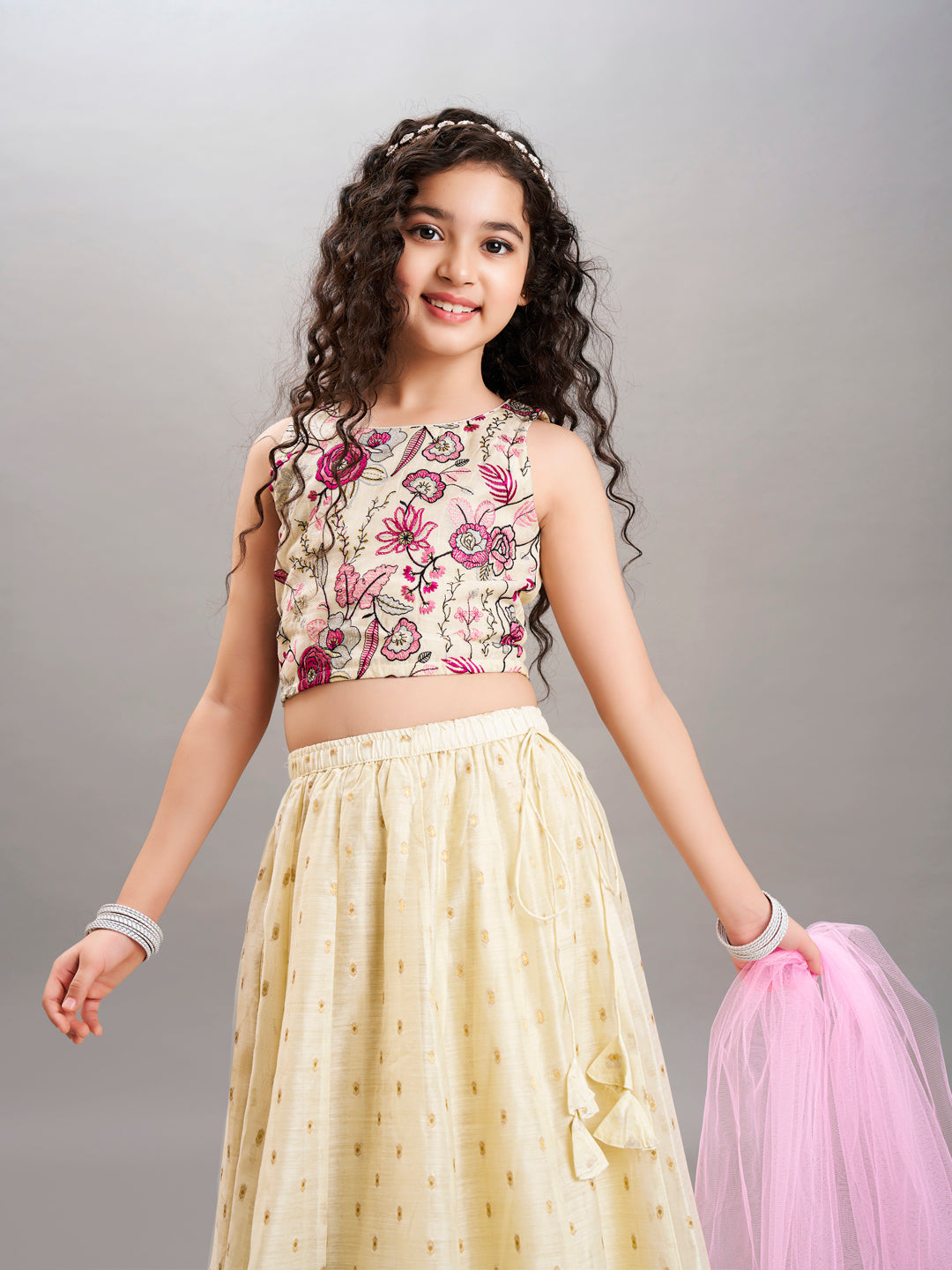 Bitiya by Bhama Girls Off white & Pink with Embroidered Ready to Wear Lehenga & Choli with Dupatta.