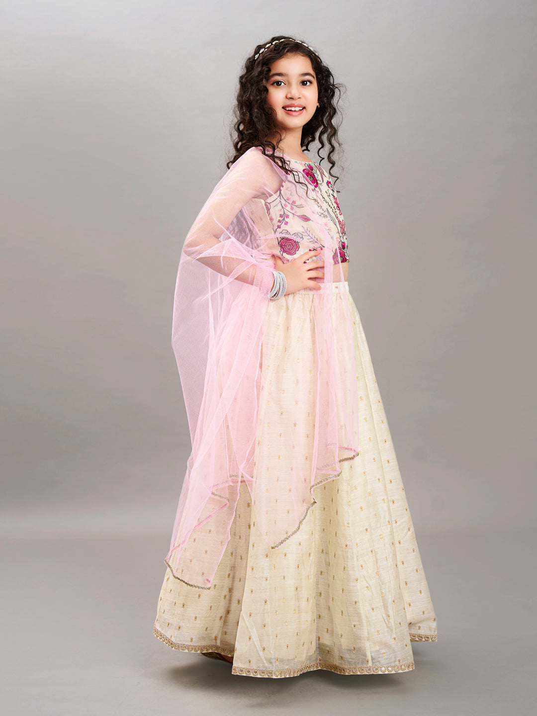 Bitiya by Bhama Girls Off white & Pink with Embroidered Ready to Wear Lehenga & Choli with Dupatta.
