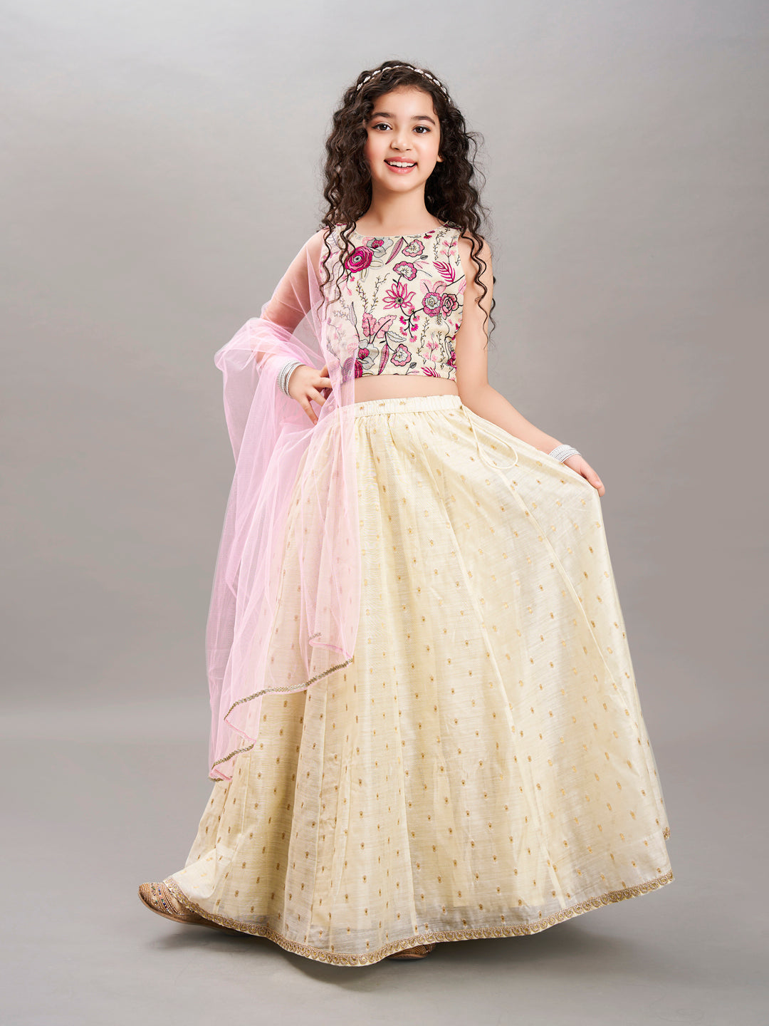 Bitiya by Bhama Girls Off white & Pink with Embroidered Ready to Wear Lehenga & Choli with Dupatta.