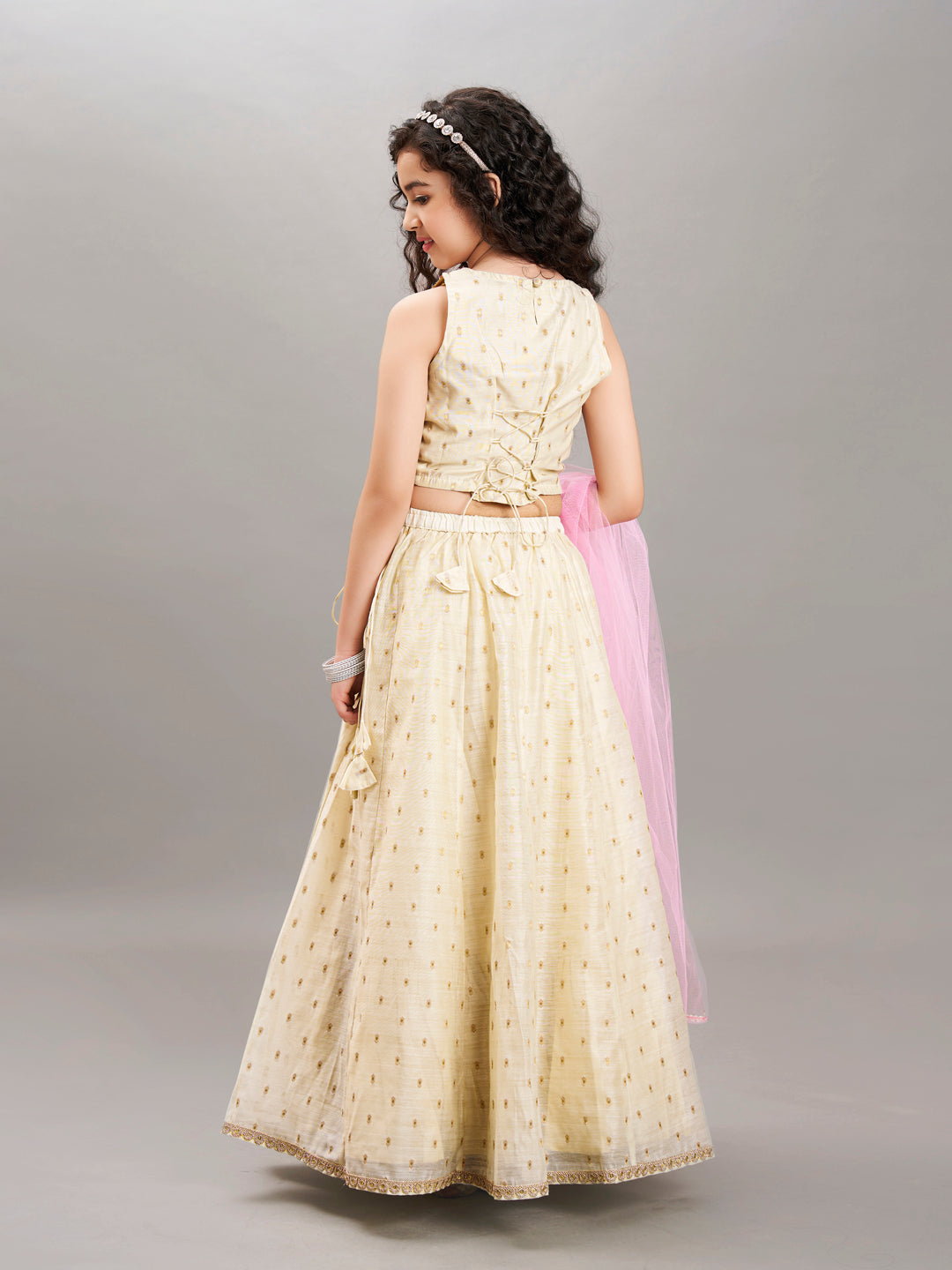 Bitiya by Bhama Girls Off white & Pink with Embroidered Ready to Wear Lehenga & Choli with Dupatta.
