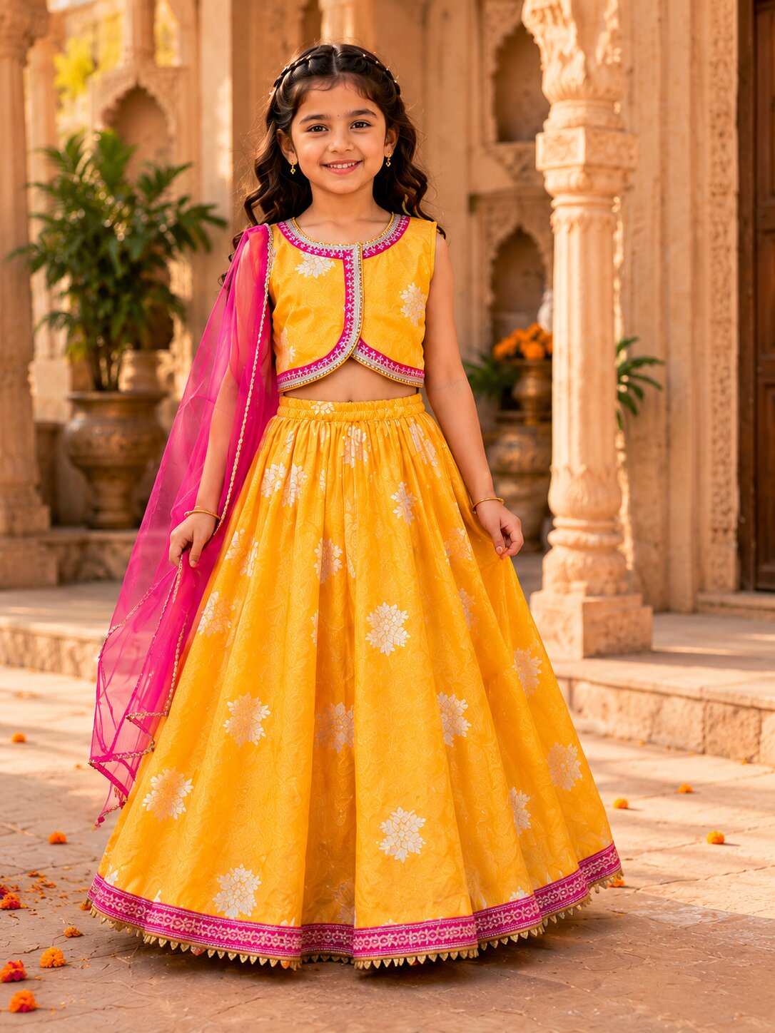 Bitiya by Bhama Girls Yellow Jacquard Booti Ready to Wear Lehenga & Choli with Dupatta.