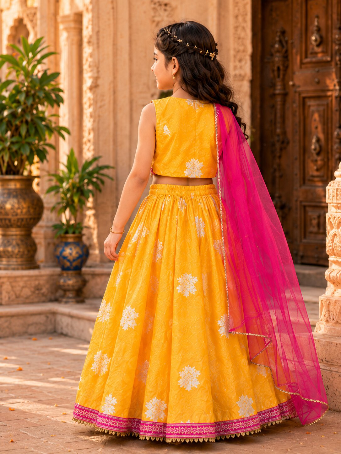 Bitiya by Bhama Girls Yellow Jacquard Booti Ready to Wear Lehenga & Choli with Dupatta.
