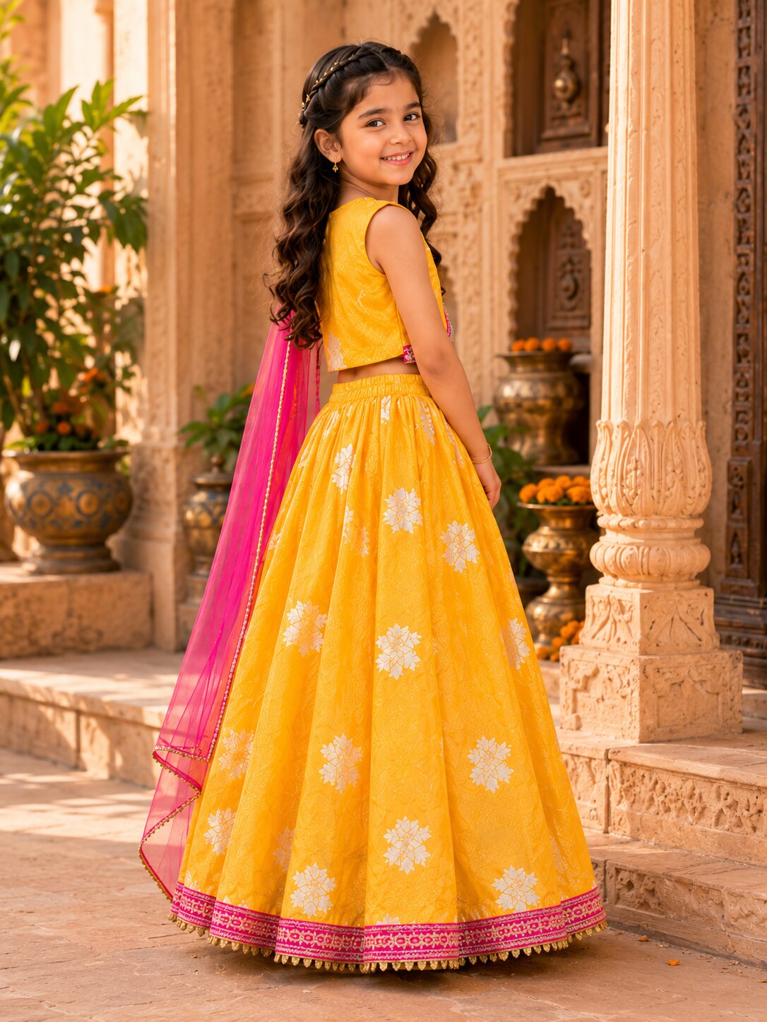 Bitiya by Bhama Girls Yellow Jacquard Booti Ready to Wear Lehenga & Choli with Dupatta.