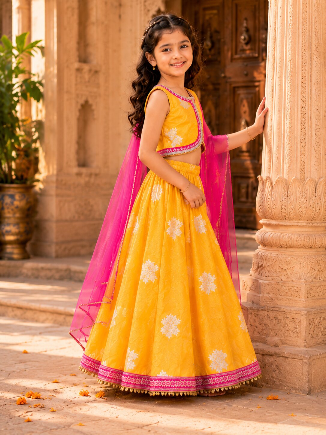 Bitiya by Bhama Girls Yellow Jacquard Booti Ready to Wear Lehenga & Choli with Dupatta.