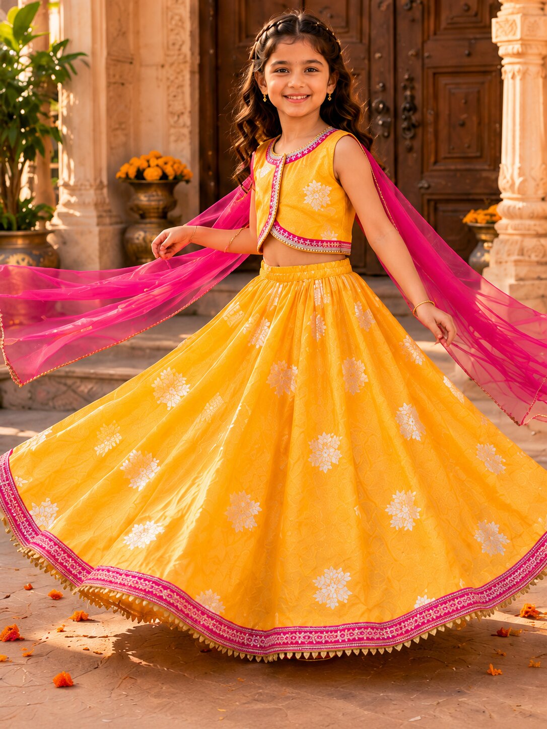 Bitiya by Bhama Girls Yellow Jacquard Booti Ready to Wear Lehenga & Choli with Dupatta.