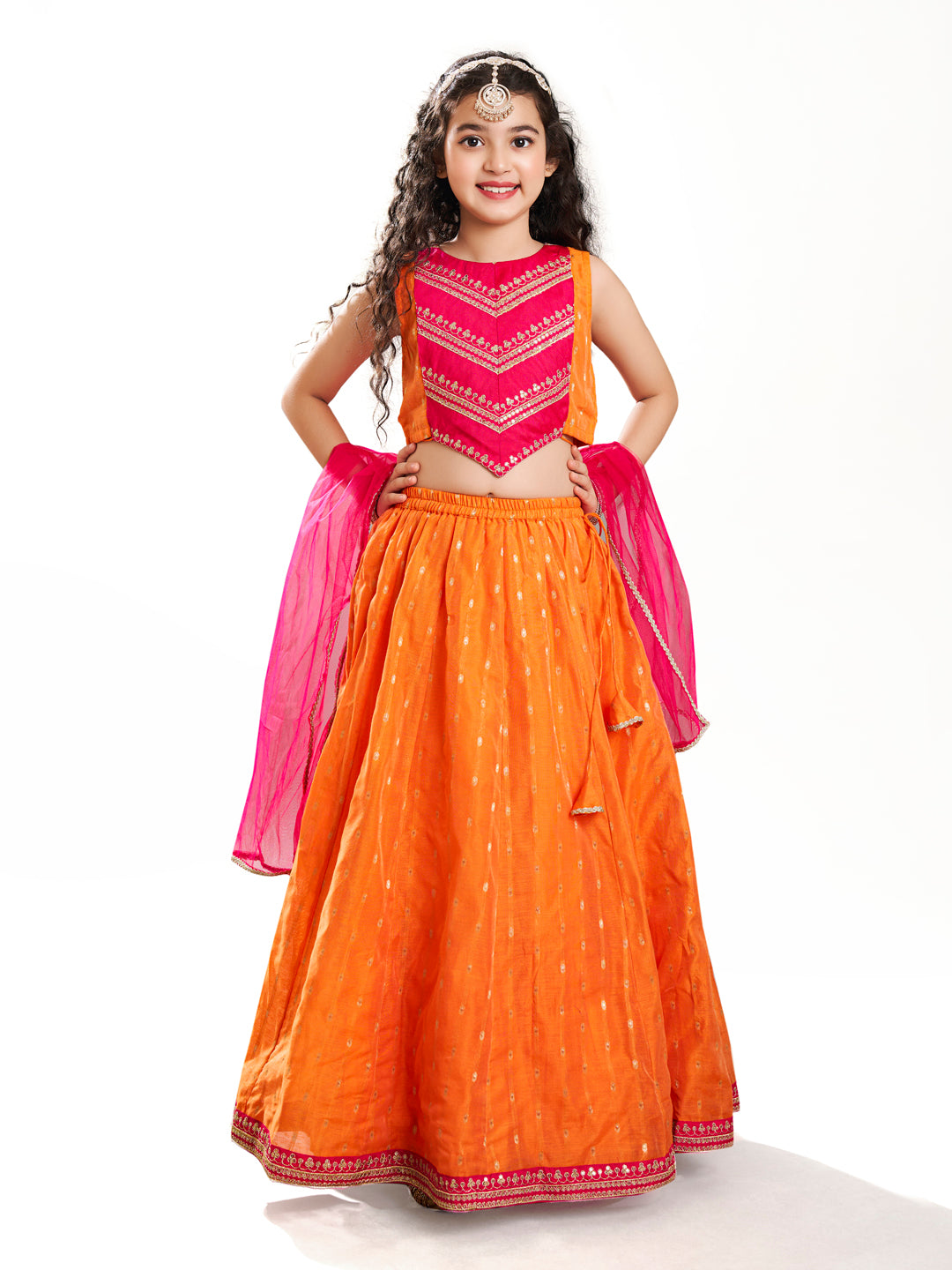 Bitiya by Bhama Girls Orange & Pink with Embroidered Ready to Wear Lehenga & Choli with Dupatta.