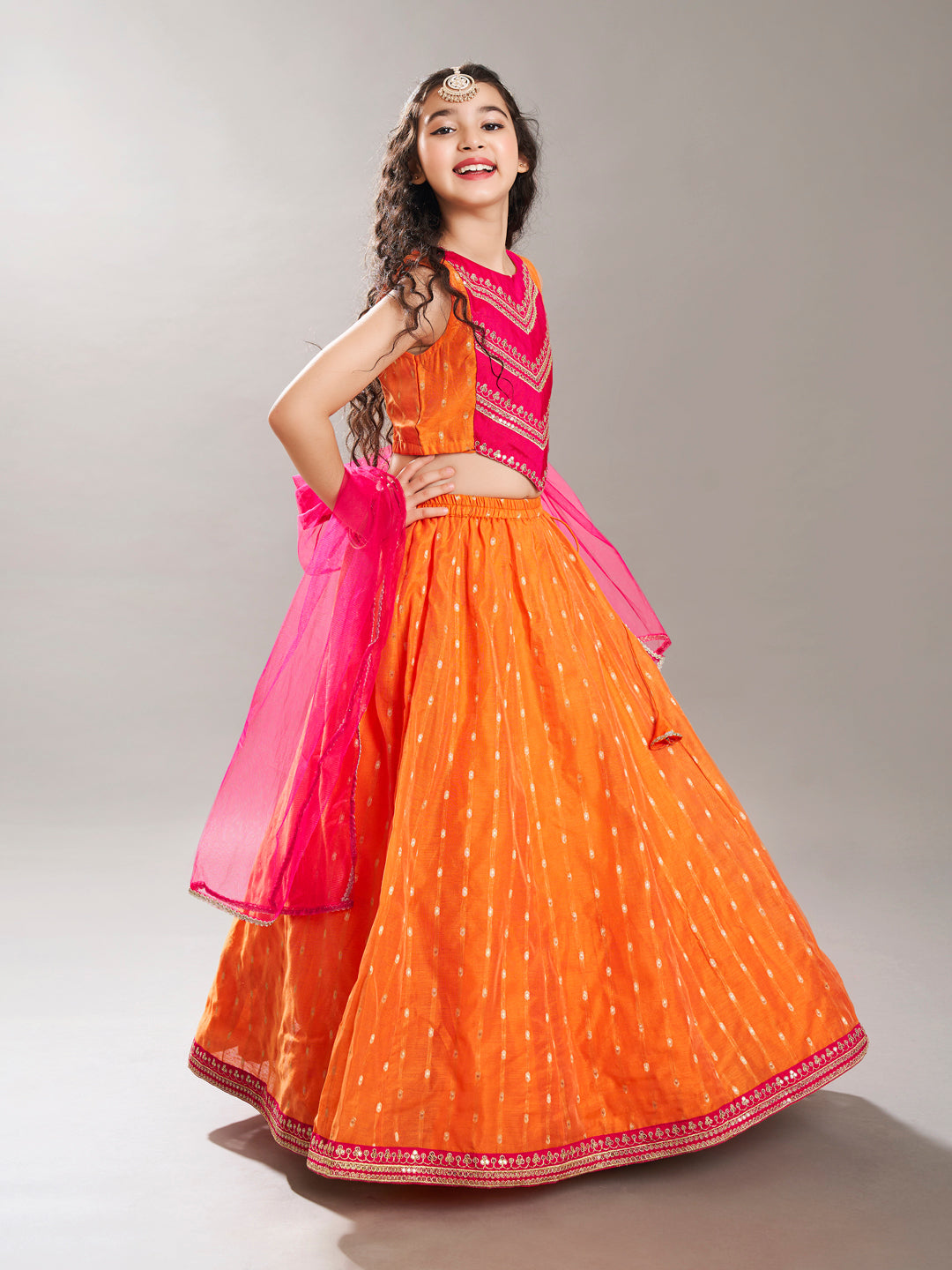Bitiya by Bhama Girls Orange & Pink with Embroidered Ready to Wear Lehenga & Choli with Dupatta.