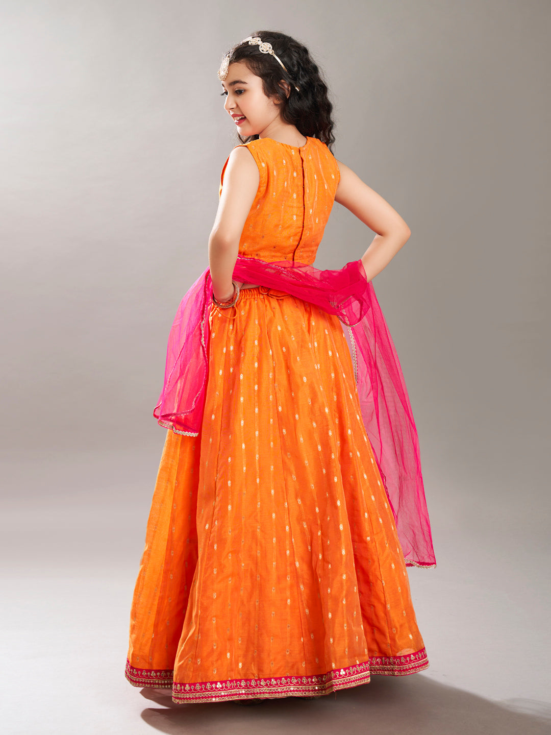 Bitiya by Bhama Girls Orange & Pink with Embroidered Ready to Wear Lehenga & Choli with Dupatta.