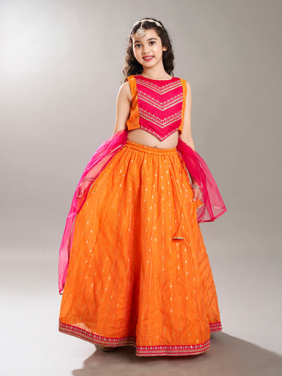 Bitiya by Bhama Girls Orange & Pink with Embroidered Ready to Wear Lehenga & Choli with Dupatta.