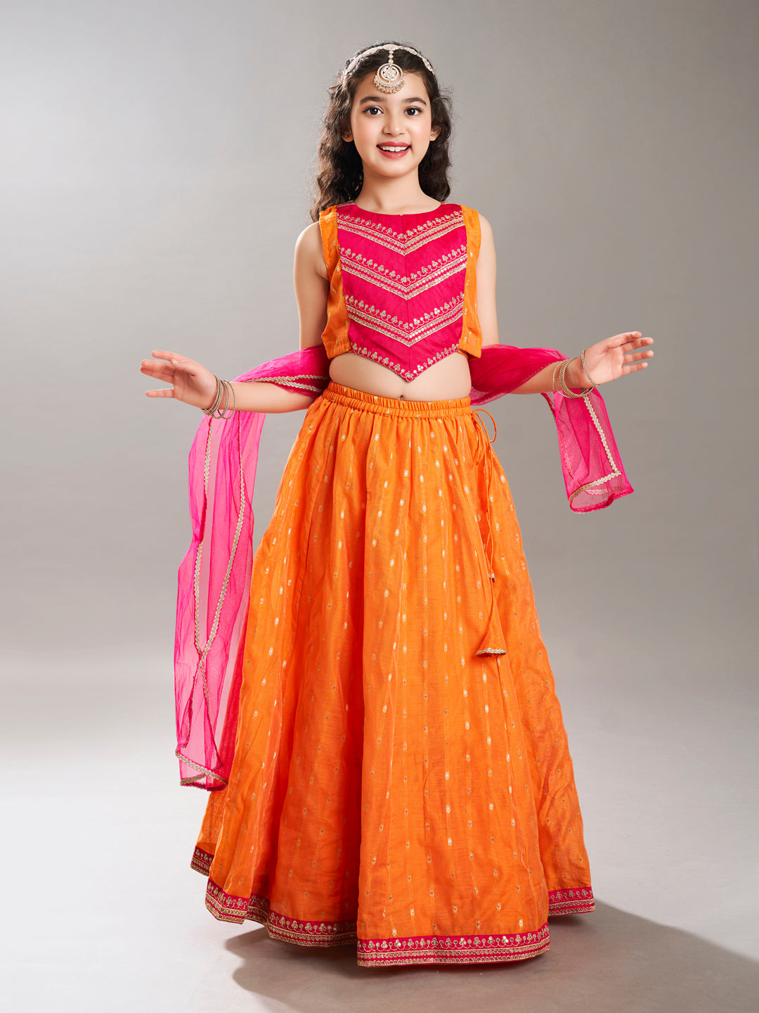 Bitiya by Bhama Girls Orange & Pink with Embroidered Ready to Wear Lehenga & Choli with Dupatta.