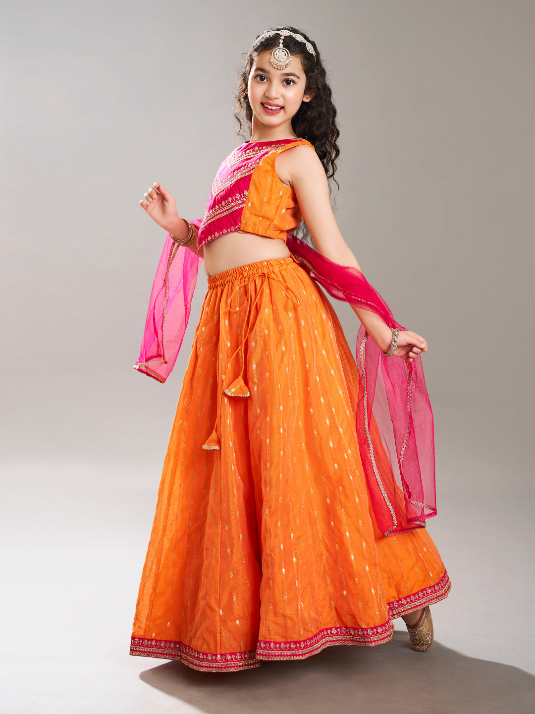 Bitiya by Bhama Girls Orange & Pink with Embroidered Ready to Wear Lehenga & Choli with Dupatta.