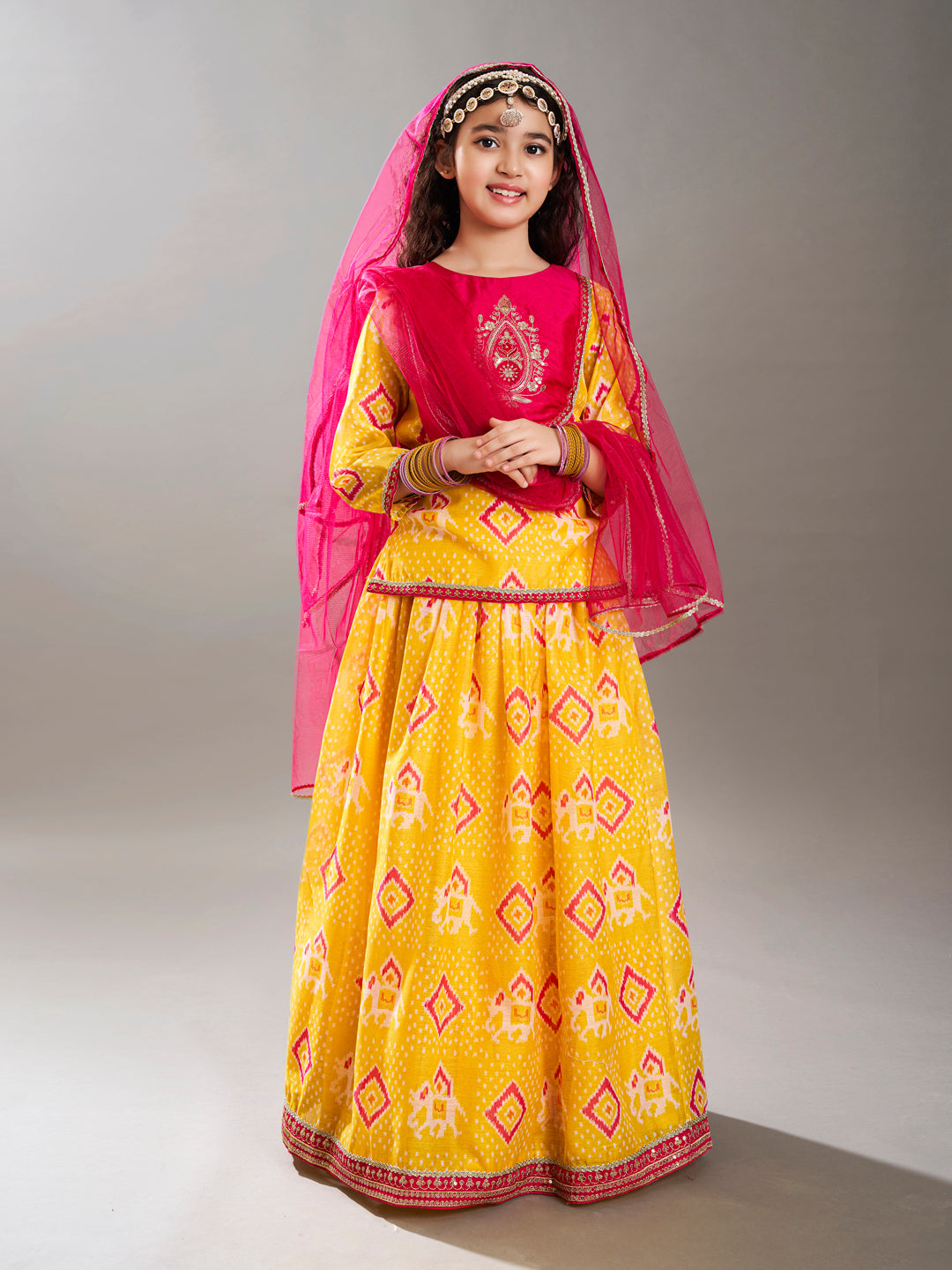 Bitiya by Bhama Girls Yellow & Pink Digital Print Ready to Wear Lehenga With Choli