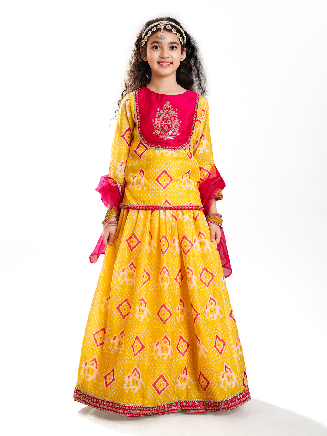 Bitiya by Bhama Girls Yellow & Pink Digital Print Ready to Wear Lehenga With Choli