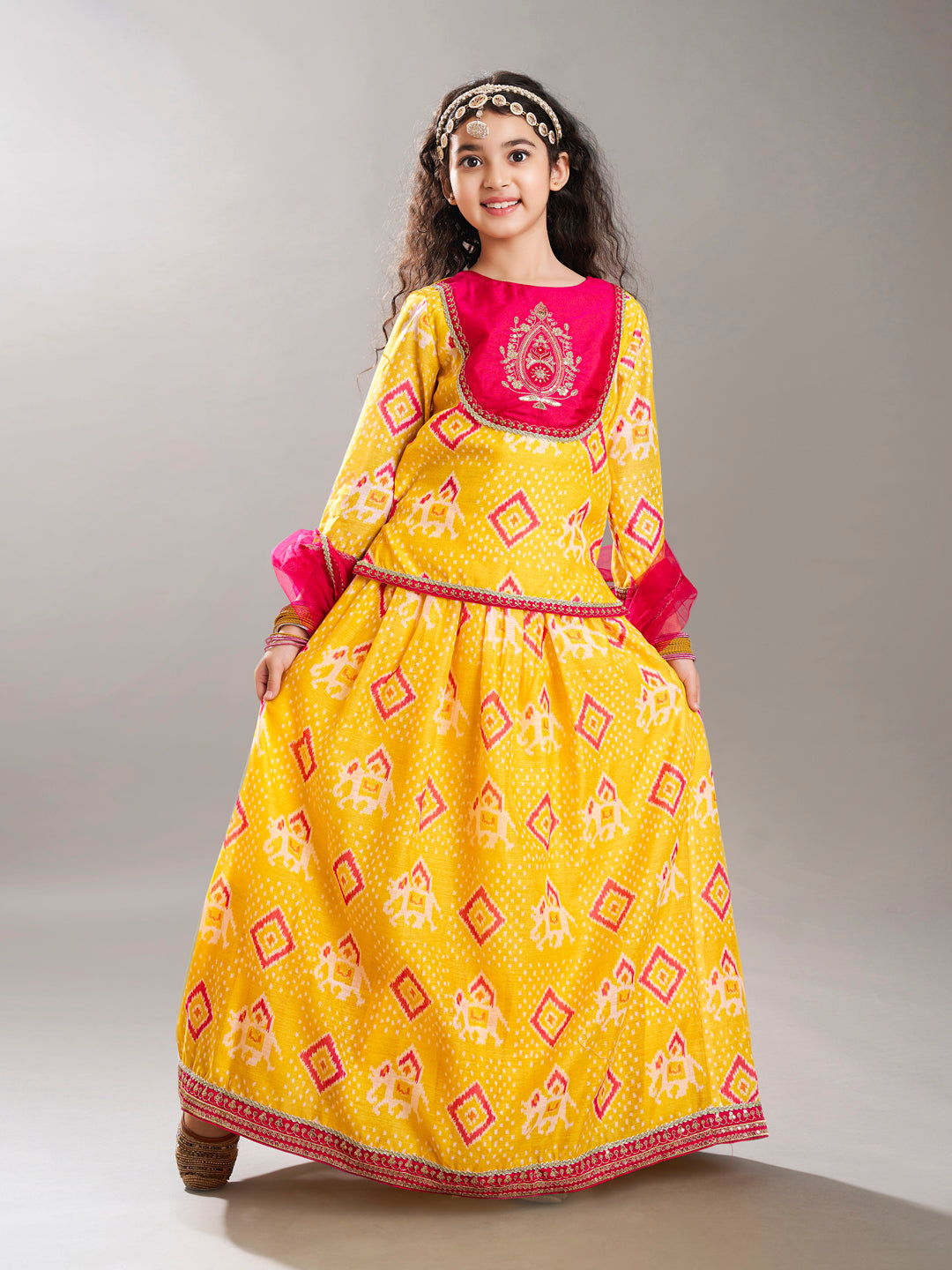 Bitiya by Bhama Girls Yellow & Pink Digital Print Ready to Wear Lehenga With Choli