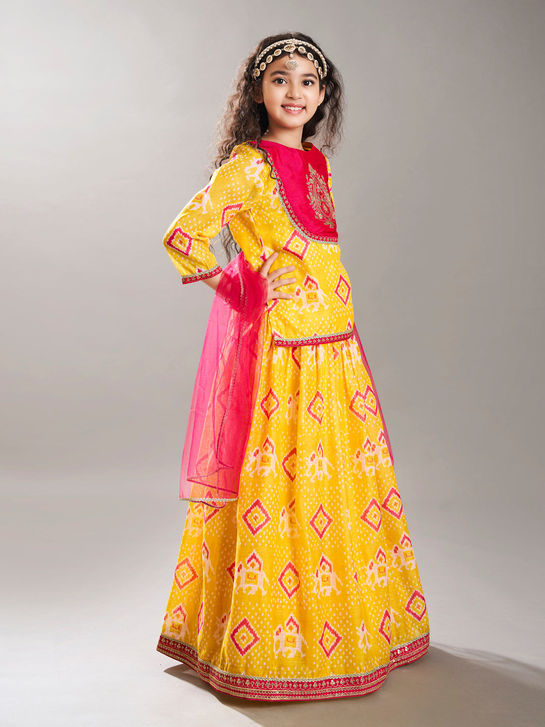 Bitiya by Bhama Girls Yellow & Pink Digital Print Ready to Wear Lehenga With Choli