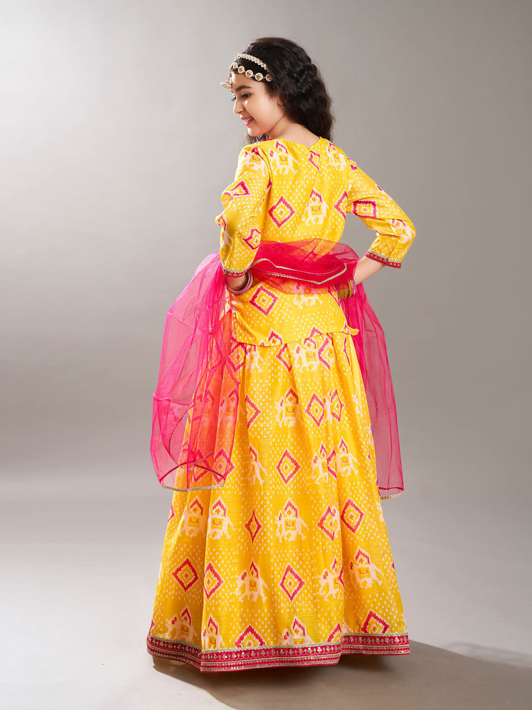 Bitiya by Bhama Girls Yellow & Pink Digital Print Ready to Wear Lehenga With Choli
