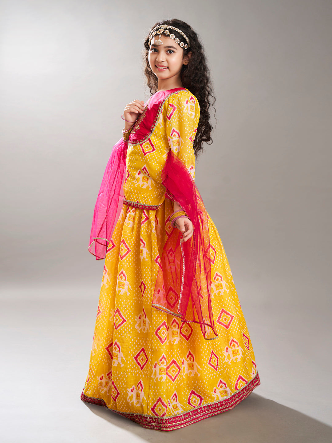Bitiya by Bhama Girls Yellow & Pink Digital Print Ready to Wear Lehenga With Choli
