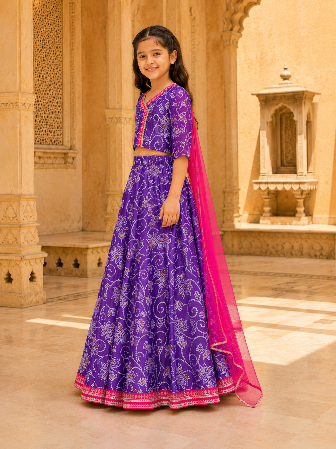 Bitiya by Bhama Girls Purple & Pink Bandhej Digital Print Ready to Wear Lehenga With Choli