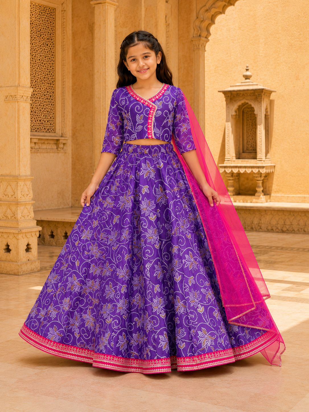 Bitiya by Bhama Girls Purple & Pink Bandhej Digital Print Ready to Wear Lehenga With Choli