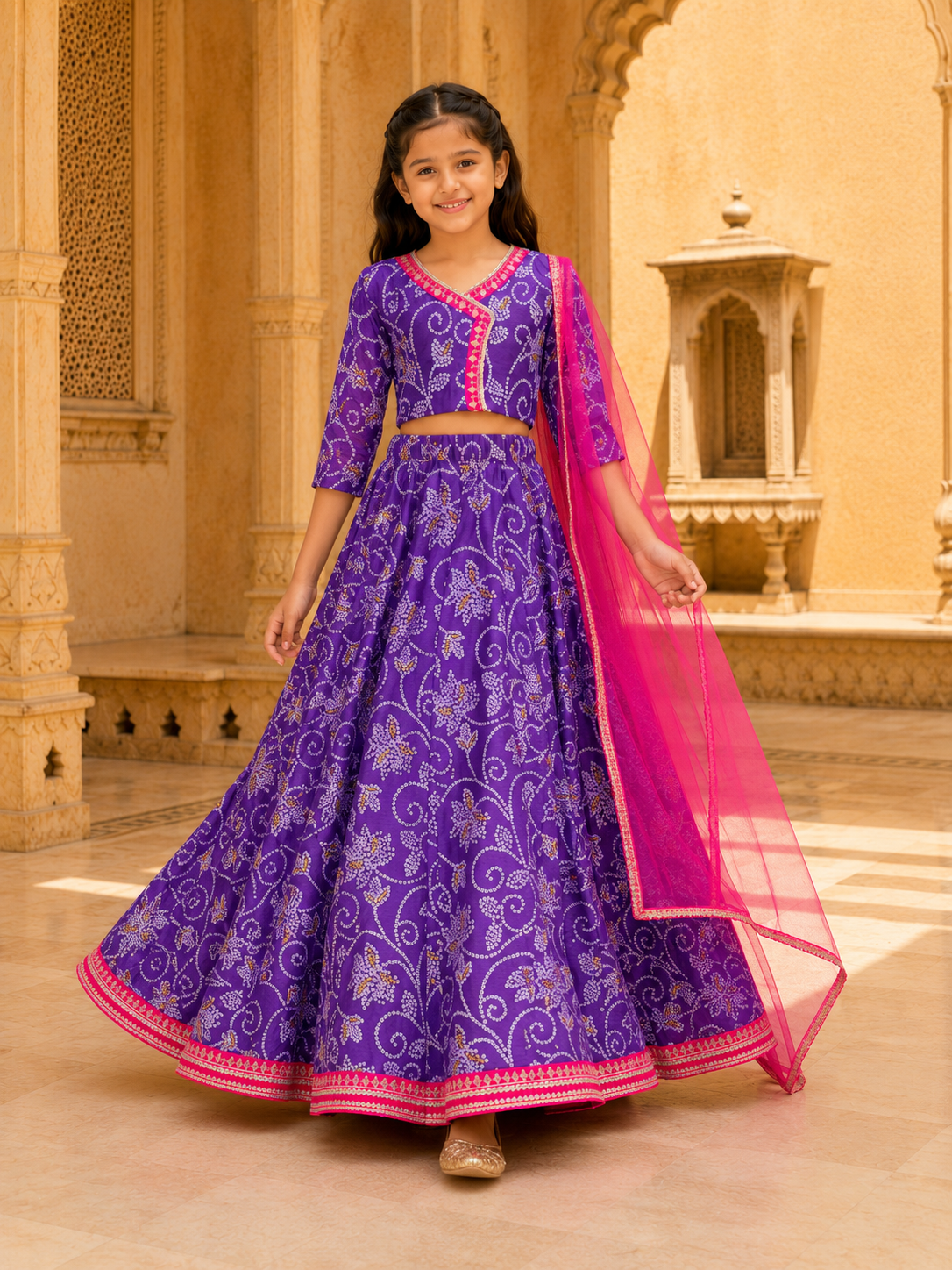 Bitiya by Bhama Girls Purple & Pink Bandhej Digital Print Ready to Wear Lehenga With Choli